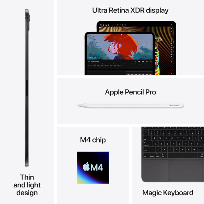 Apple iPad Pro 13″ (M4): Ultra Retina XDR Display, 512GB, 12MP Front Camera / 12MP Back Camera, LiDAR Scanner, Wi-Fi 6E + 5G Cellular with eSIM, All-Day Battery Life, Standard Glass — Space Black
